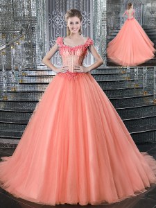 Straps Peach Sleeveless Brush Train Beading With Train Quinceanera Gowns