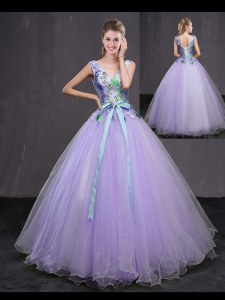 Shining Lavender Ball Gowns Beading and Belt 15 Quinceanera Dress Lace Up Tulle Sleeveless Floor Length
