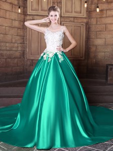 Scoop Turquoise Ball Gowns Lace and Appliques Quinceanera Gown Lace Up Elastic Woven Satin Sleeveless With Train