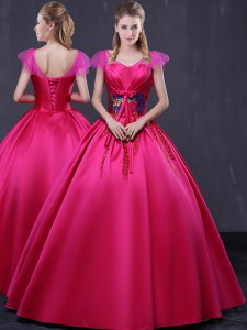 Chic Satin V-neck Cap Sleeves Lace Up Appliques Quince Ball Gowns in Hot Pink