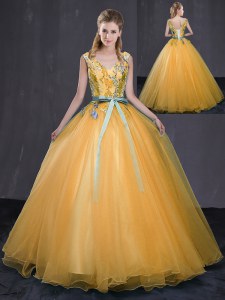 Gold Tulle Lace Up V-neck Sleeveless Floor Length Vestidos de Quinceanera Appliques and Belt