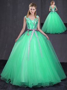 Top Selling Tulle Sleeveless Floor Length Vestidos de Quinceanera and Appliques and Belt
