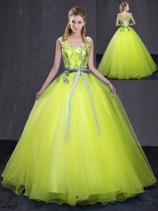 Yellow Green Ball Gowns Tulle V-neck Sleeveless Appliques and Belt Floor Length Lace Up Quinceanera Dress