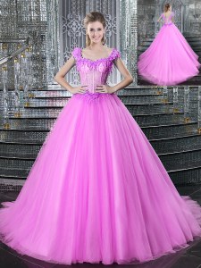 Straps Tulle Sleeveless With Train Vestidos de Quinceanera Brush Train and Beading and Appliques