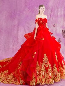 Latest Red Sweet 16 Dress Military Ball and Sweet 16 and Quinceanera and For with Beading and Appliques and Ruffles Off The Shoulder Sleeveless Court Train Lace Up