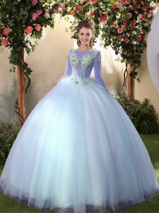 Big Puffy Light Blue Scoop Neckline Appliques Quinceanera Dresses Long Sleeves Lace Up