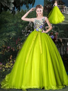 Charming Scoop Sleeveless Court Train Lace Up Quinceanera Gown Yellow Green Organza