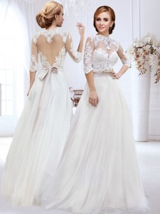 Sweetheart Shape Back High-neck Half Sleeves Wedding Dresses Floor Length Lace and Belt White Tulle