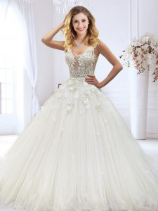 Extravagant White Scoop Neckline Beading and Lace and Appliques Wedding Gowns Sleeveless Zipper
