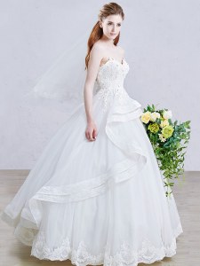 White Lace Up Bridal Gown Appliques Sleeveless Floor Length