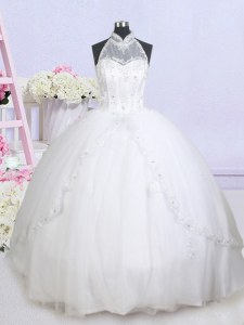 Stunning White Ball Gowns Tulle Halter Top Sleeveless Beading and Appliques With Train Lace Up Wedding Gowns Brush Train