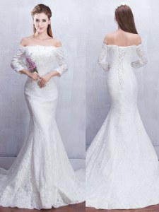 Adorable Mermaid Off the Shoulder White 3 4 Length Sleeve Brush Train Lace With Train Bridal Gown