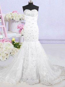 Affordable Mermaid Sleeveless Tulle With Brush Train Lace Up Wedding Dresses in White with Beading and Lace and Appliques
