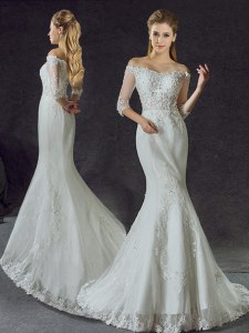 Modest Mermaid Off The Shoulder Half Sleeves Tulle Wedding Dresses Lace and Appliques Brush Train Lace Up