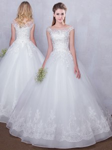 Wonderful Scoop White Cap Sleeves Floor Length Lace Lace Up Bridal Gown