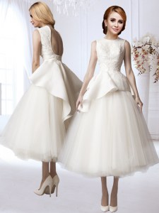 Shining Appliques Wedding Gowns White Backless Sleeveless Tea Length