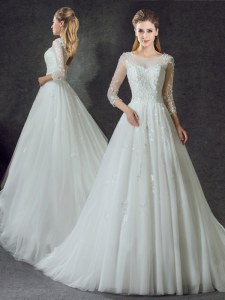 Most Popular Scoop Tulle 3 4 Length Sleeve Wedding Dress Court Train and Lace