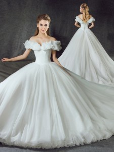 Off the Shoulder Backless White Ball Gowns Appliques Wedding Dresses Lace Up Tulle Sleeveless With Train