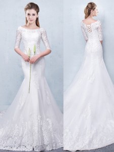 Mermaid White Scoop Lace Up Lace Wedding Dresses Court Train Half Sleeves