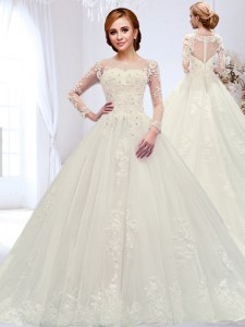 Unique Scoop Long Sleeves Tulle Wedding Gowns Beading and Appliques Court Train Zipper