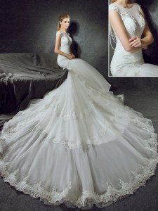 Cheap Mermaid Scoop Sleeveless Wedding Gown With Train Court Train Lace White Tulle