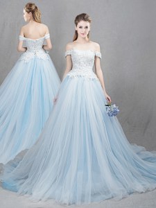 Wonderful Tulle Off The Shoulder Sleeveless Chapel Train Lace Up Appliques Wedding Dresses in Light Blue