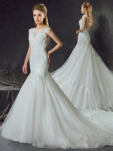 Mermaid Scoop Sleeveless Tulle With Train Court Train Side Zipper Wedding Gown in White with Lace and Appliques