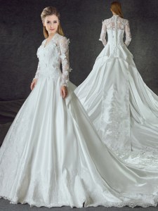 Smart With Train White Bridal Gown Satin Chapel Train Long Sleeves Lace and Appliques