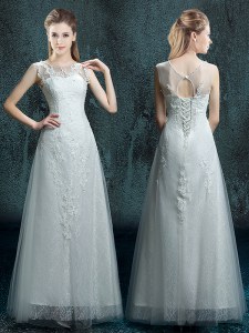 Scoop Floor Length White Bridal Gown Tulle and Lace Sleeveless Appliques