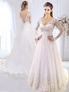 Enchanting Tulle V-neck Long Sleeves Brush Train Backless Lace and Appliques Wedding Gown in White