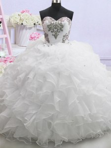 Most Popular Ruffled White Sleeveless Organza Brush Train Lace Up Bridal Gown for Wedding Party