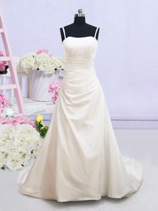 Pretty A-line Sleeveless White Wedding Dresses Brush Train Zipper