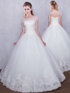 Flirting Scoop Cap Sleeves Lace Up Wedding Gown White Tulle