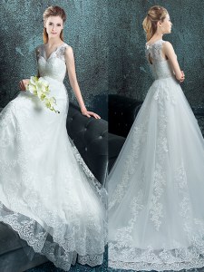 Lovely White Wedding Gown Wedding Party and For with Lace and Appliques V-neck Sleeveless Brush Train Lace Up