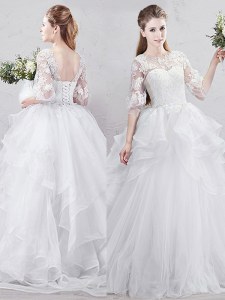 Fine Scoop White Tulle Lace Up Wedding Dresses Half Sleeves With Brush Train Lace and Ruffles
