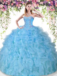 Glittering Sweetheart Sleeveless Organza 15th Birthday Dress Beading and Ruffles Lace Up
