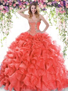 Lace Up Sweet 16 Dresses Red for Military Ball and Sweet 16 and Quinceanera with Beading and Ruffles Sweep Train