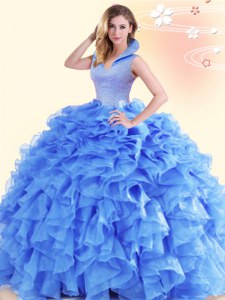 New Style Blue Sleeveless Organza Backless Quinceanera Dress for Military Ball and Sweet 16 and Quinceanera