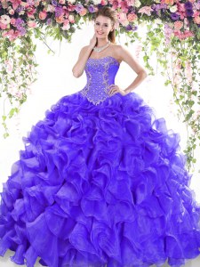 Organza Sweetheart Sleeveless Sweep Train Lace Up Beading and Ruffles 15th Birthday Dress in Purple