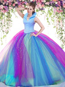 Multi-color Ball Gowns Tulle High-neck Sleeveless Beading Floor Length Backless Sweet 16 Quinceanera Dress