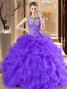 Traditional Scoop Purple Sleeveless Floor Length Beading and Ruffles Lace Up Quinceanera Dress
