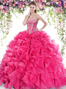 Hot Pink Ball Gown Prom Dress Organza Sweep Train Sleeveless Beading and Ruffles