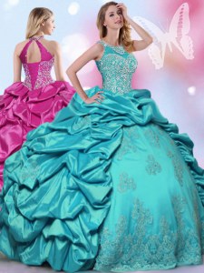 Halter Top Floor Length Lace Up Quinceanera Gowns Teal for Military Ball and Sweet 16 and Quinceanera with Beading and Lace and Appliques and Pick Ups