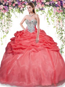 Sleeveless Floor Length Beading and Pick Ups Lace Up Sweet 16 Dresses with Red