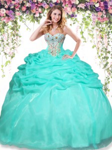 High End Apple Green Organza Lace Up Quinceanera Gown Sleeveless Floor Length Beading and Pick Ups