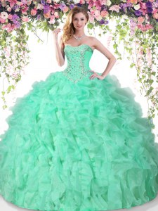 Glorious Sleeveless Organza Floor Length Lace Up Quinceanera Dresses in Apple Green with Beading and Ruffles