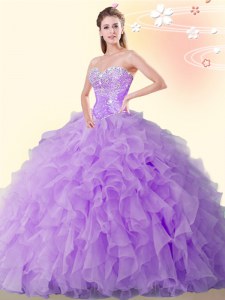 Eggplant Purple Ball Gowns Sweetheart Sleeveless Organza Floor Length Lace Up Beading and Ruffles Quinceanera Dress