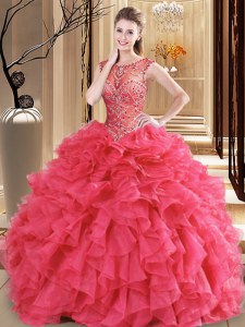 Organza Scoop Sleeveless Lace Up Beading and Ruffles Sweet 16 Quinceanera Dress in Coral Red