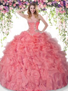 Best Selling Coral Red Ball Gowns Beading and Ruffles Quinceanera Dress Lace Up Organza Sleeveless Floor Length