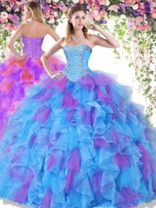 Enchanting Sweetheart Sleeveless Quince Ball Gowns Floor Length Beading and Ruffles Multi-color Organza